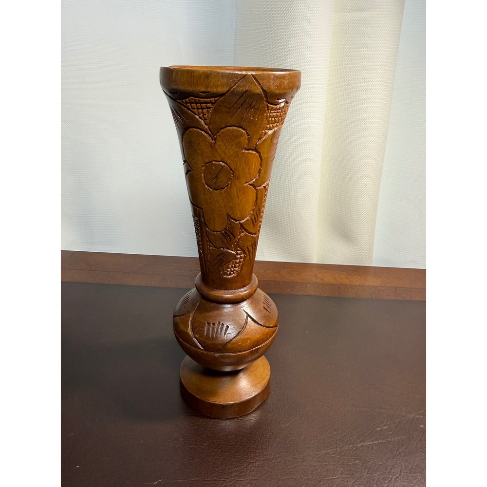 Hand Carved Wooden Floral Vase Tropical Boho Pedestal Decor
